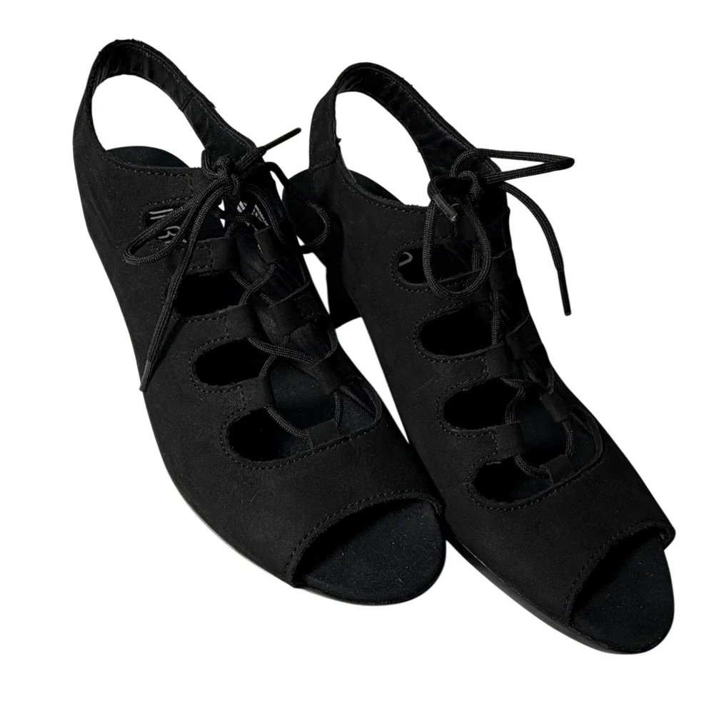 Munro Jillie Black Nubuck Ghillie Lace Up Slingback Block Heel Sandals 8N